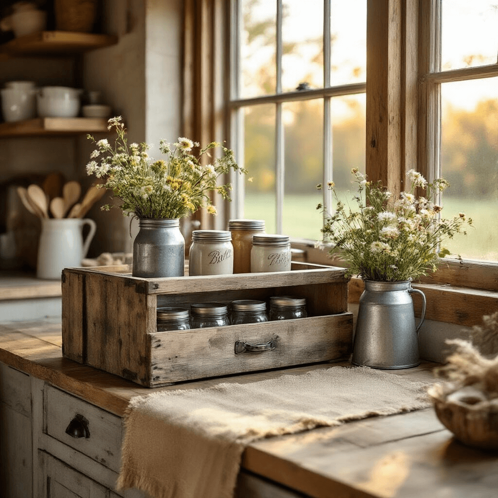 Coffee Bar Cart: Transform Your Home Brewing Experience Cozy kitchen nook featuring a farmhouse coffee station, with a weathered barn wood cart, mason jar storage, and vintage galvanized metal accents, all bathed in warm golden hour lighting.