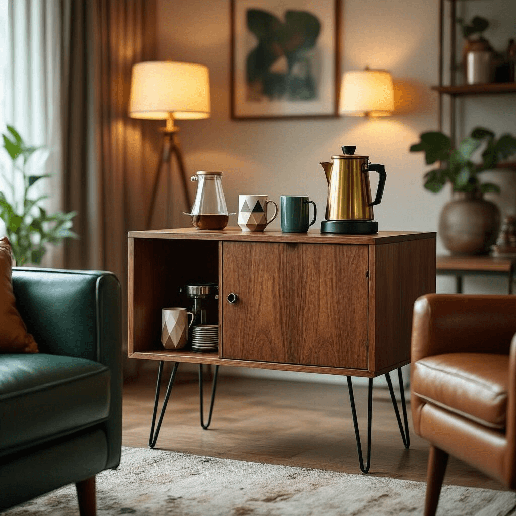 Coffee Bar Cart: Transform Your Home Brewing Experience Mid-century modern coffee bar in a stylish living room, featuring a sleek walnut wood cart with tapered hairpin legs, a vintage brass percolator, geometric mugs, and atomic-era accessories, illuminated by soft ambient lighting from period table lamps, set against rich jewel tones of emerald and cognac leather.