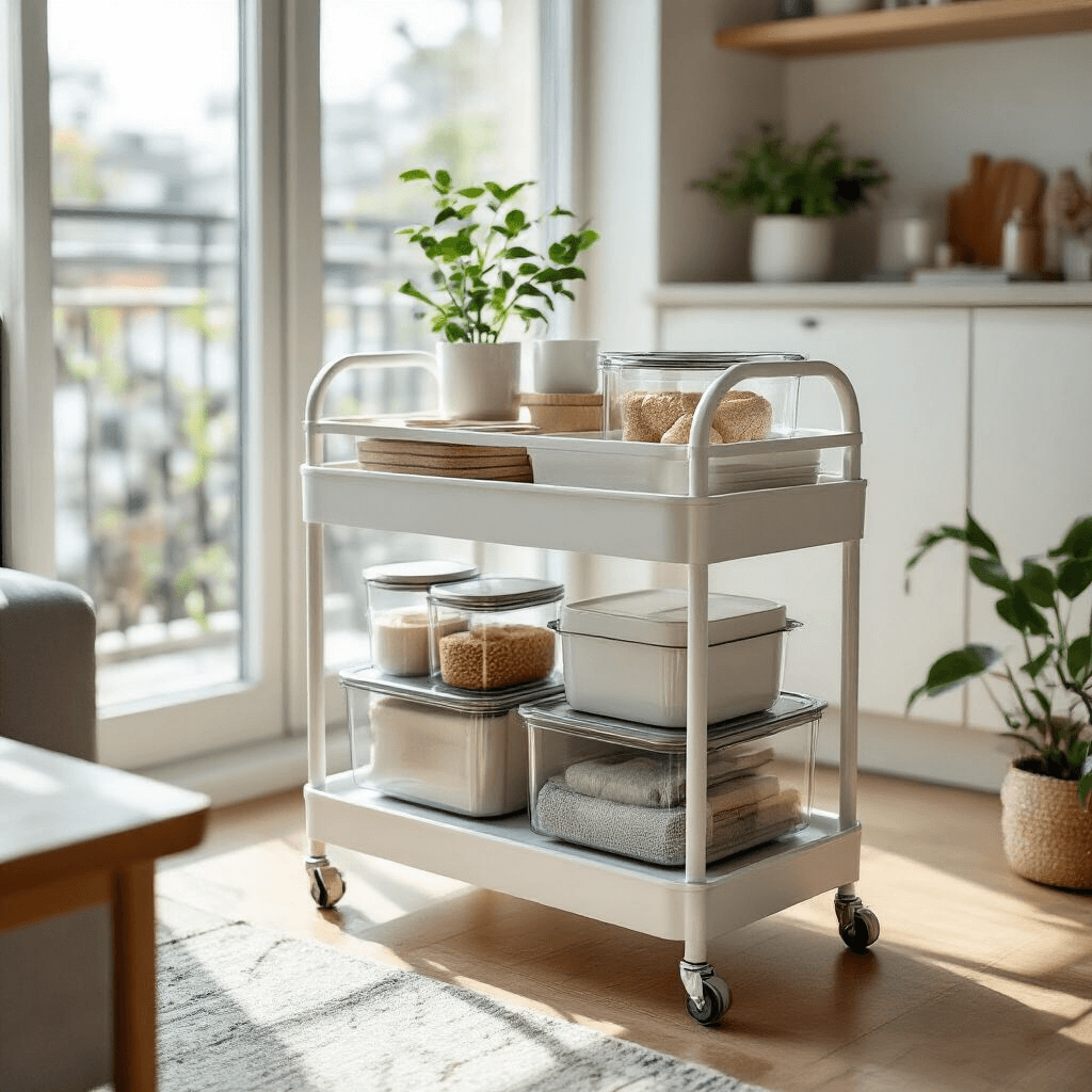 Coffee Bar Cart: Transform Your Home Brewing Experience A compact two-tier cart efficiently organized in a small apartment, featuring stackable glass containers and multifunctional accessories, illuminated by bright midday light. The design showcases a neutral palette with whites, grays, and warm wood accents, maximizing space with thoughtful placement.