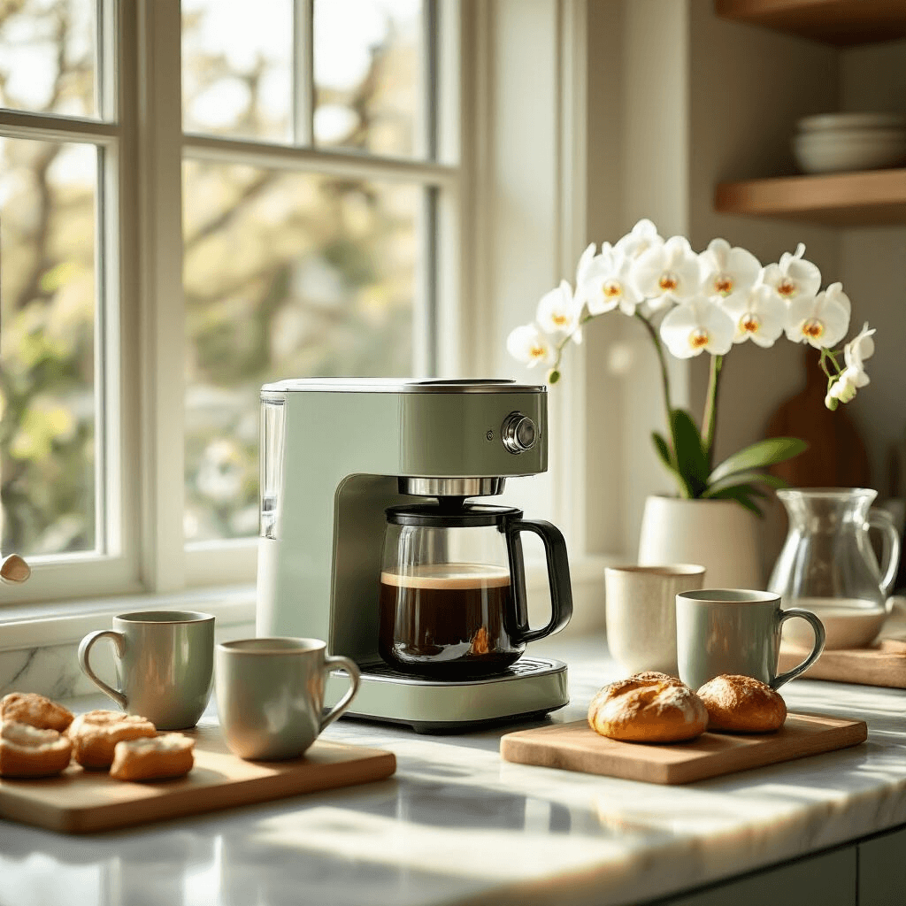 Beautiful Coffee Makers by Drew Barrymore: Brewing Style and Elegance A beautifully designed modern kitchen countertop featuring Drew Barrymore's elegant coffee maker as the centerpiece, surrounded by artisanal mugs, fresh pastries, and delicate white orchids, all illuminated by soft morning sunlight streaming through large windows.