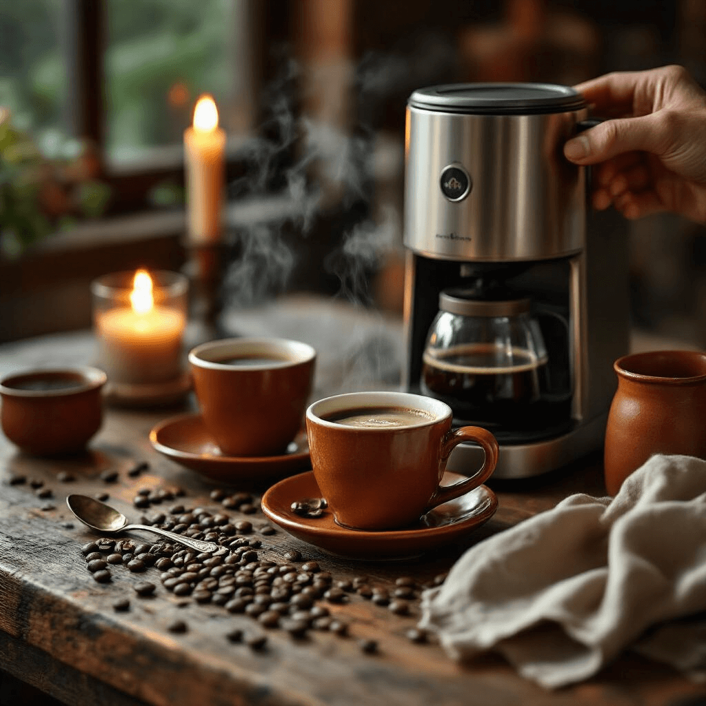 Beautiful Coffee Makers by Drew Barrymore: Brewing Style and Elegance Close-up of an intimate coffee brewing ritual: steam rises from handcrafted ceramic cups on a rustic wooden table, illuminated by flickering candlelight, with scattered coffee beans, vintage spoons, and terracotta-toned linen napkins, creating a cozy ambiance.