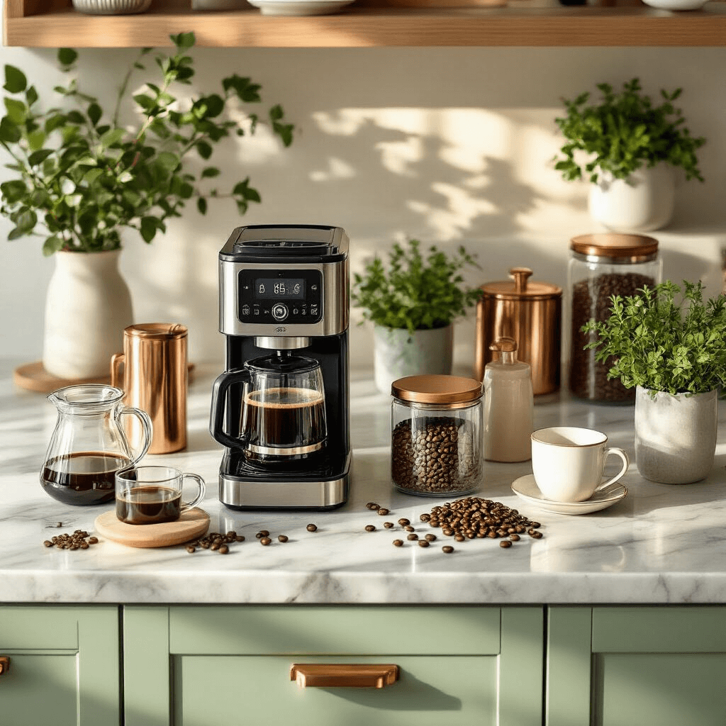 Beautiful Coffee Makers by Drew Barrymore: Brewing Style and Elegance Elegant kitchen island with a programmable coffee maker, glass measuring cups, ceramic containers of premium coffee beans, and fresh greenery, all softly illuminated during golden hour with marble countertops and copper accents.