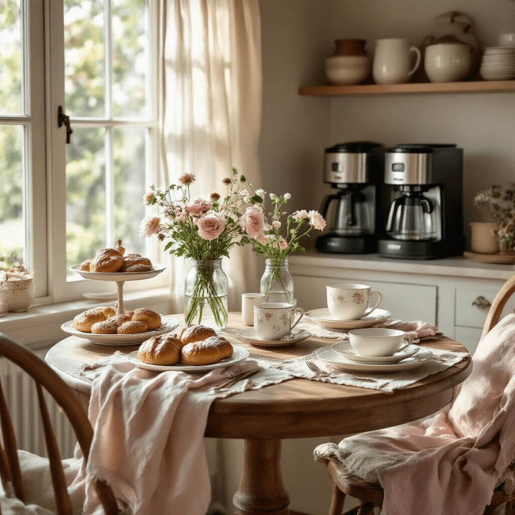 Beautiful Coffee Makers by Drew Barrymore: Brewing Style and Elegance Cozy breakfast nook with a collection of coffee makers, a round wooden table set with vintage china, fresh flowers in mason jars, and artisanal pastries on tiered stands, illuminated by morning light through sheer curtains.