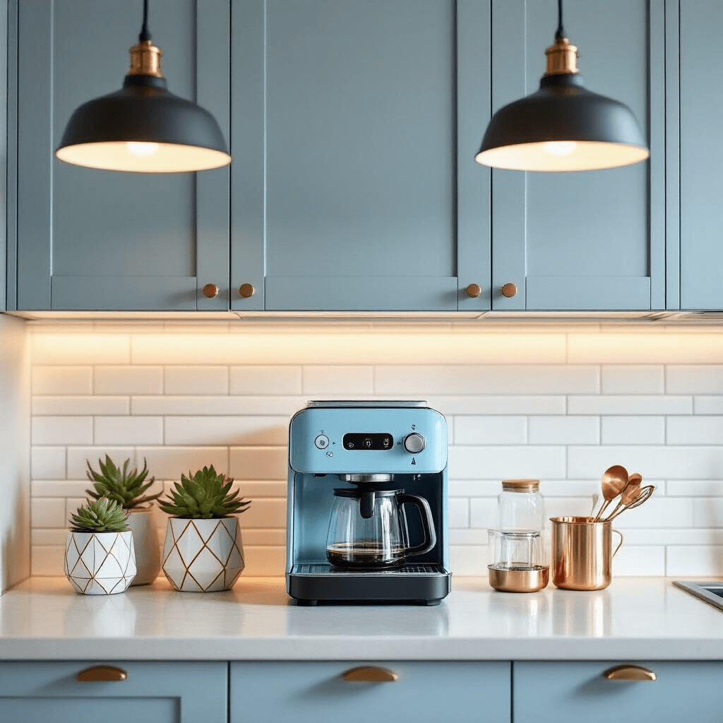 Beautiful Coffee Makers by Drew Barrymore: Brewing Style and Elegance Stylish kitchen featuring a colorful coffee maker as a design statement, surrounded by modern cabinetry, subway tile backsplash, and curated accessories, with a cornflower blue and ivory color palette.
