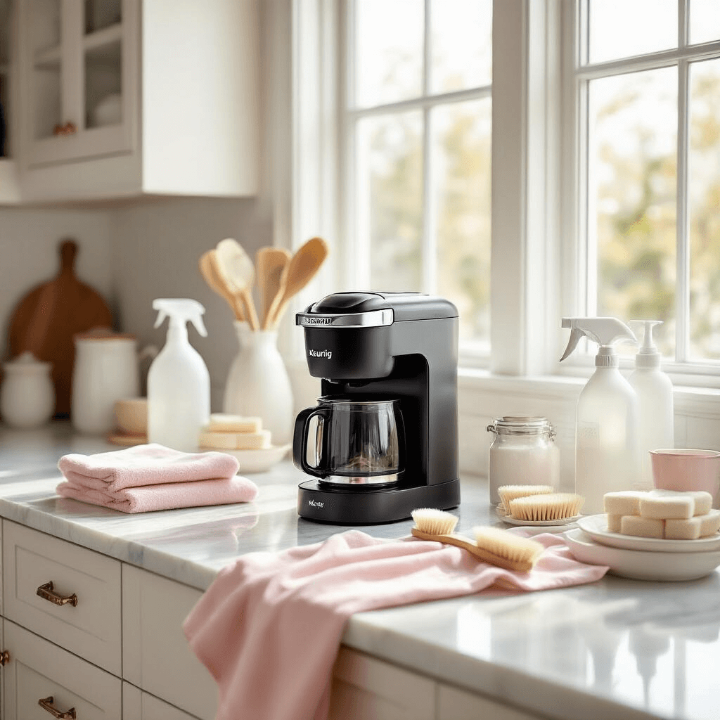 How to Clean Your Keurig Coffee Maker: The Ultimate Guide to Sparkling Performance Elegant kitchen with modern countertops featuring a sleek Keurig coffee maker, bathed in soft morning light, showcasing marble surfaces, neatly arranged cleaning supplies, and chic blush pink and cream accents.