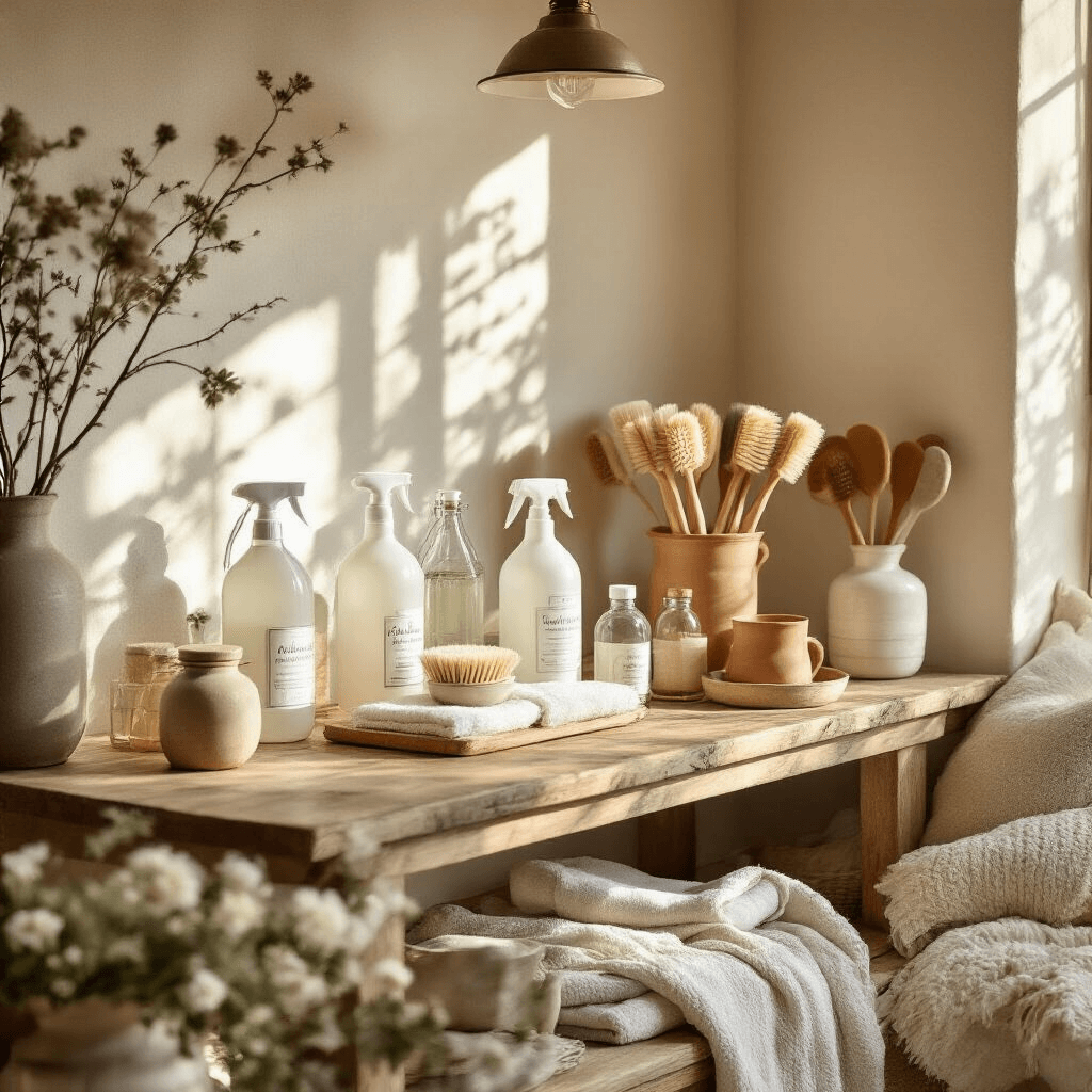 How to Clean Your Keurig Coffee Maker: The Ultimate Guide to Sparkling Performance An intimate coffee cleaning station in golden hour lighting, featuring a rustic wooden table with a tiered display of white vinegar bottles in glass containers and soft-bristled brushes, complemented by a terracotta and sage color palette and cozy textiles, captured from an overhead flat lay perspective.