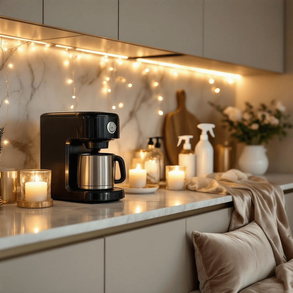 How to Clean Your Keurig Coffee Maker: The Ultimate Guide to Sparkling Performance Modern apartment kitchen with a coffee maker maintenance setup, ambient candlelight and fairy lights, velvet seating at a low marble counter, elegantly arranged cleaning supplies, a gold and ivory color scheme, silk linens draped artfully, and detailed textures in a luxe minimal aesthetic.