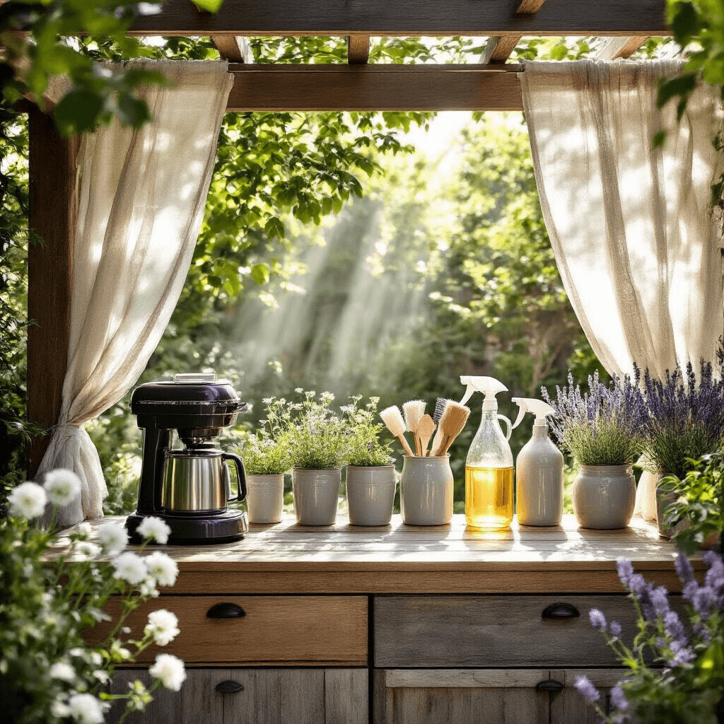 How to Clean Your Keurig Coffee Maker: The Ultimate Guide to Sparkling Performance A stylish backyard coffee station featuring a wooden surface with ceramic containers holding cleaning tools, surrounded by fresh florals and vinegar bottles, under a pergola with midday sun filtering through sheer drapery, highlighting a lavender and silver color palette and contrasting textures.