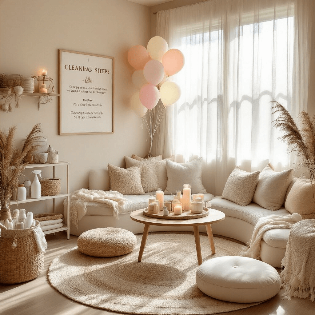 How to Clean Your Keurig Coffee Maker: The Ultimate Guide to Sparkling Performance A cozy living room corner transformed into a coffee care sanctuary, featuring soft morning light filtering through sheer curtains, a round low table with floor cushions, cleaning supplies arranged decoratively, pastel balloon accents, layered cream textiles, custom signage for cleaning steps, intimate candle lighting, and a playful yet elegant styling approach, captured in wide-angle to showcase the entire scene.