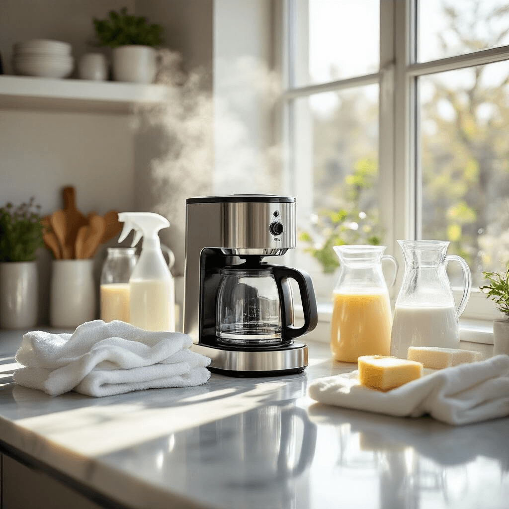 How to Clean Your Coffee Maker: The Ultimate Guide to Brewing Perfection Wide-angle shot of a modern kitchen countertop with a chrome coffee maker, cleaning supplies, microfiber cloths, and glass carafes, illuminated by morning sunlight, showcasing pristine marble surfaces and a minimalist design.