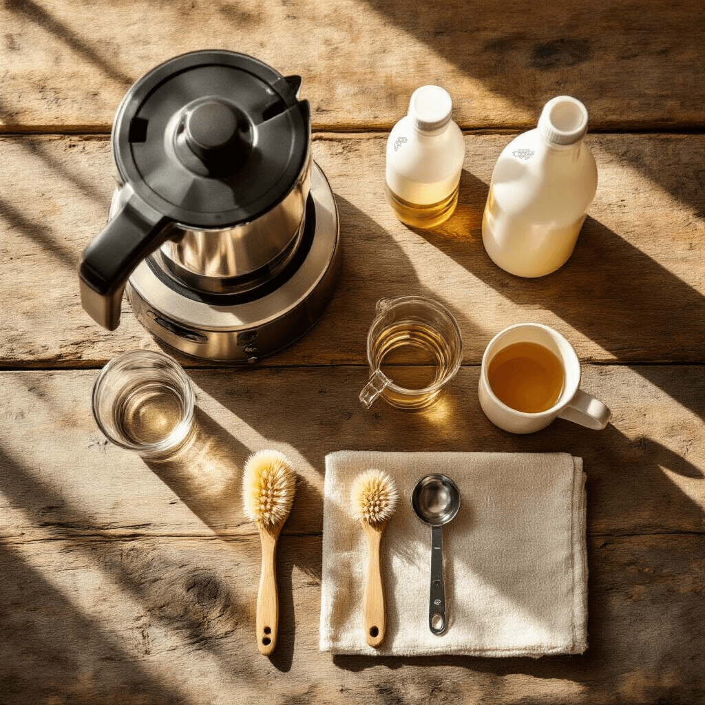 How to Clean Your Coffee Maker: The Ultimate Guide to Brewing Perfection Overhead view of a rustic wooden table showcasing a coffee maker maintenance setup, featuring white vinegar bottles, measuring cups, and cleaning brushes, all arranged symmetrically in warm golden hour light, with an earthy color palette and soft shadows creating a cozy atmosphere.