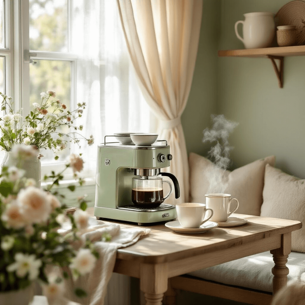 How to Clean Your Coffee Maker: The Ultimate Guide to Brewing Perfection Cozy breakfast nook with a vintage wooden table, featuring a freshly cleaned coffee setup, soft natural lighting, pastel colors of sage green and cream, cushioned seating, fresh flowers, and steam rising from a perfect brew.