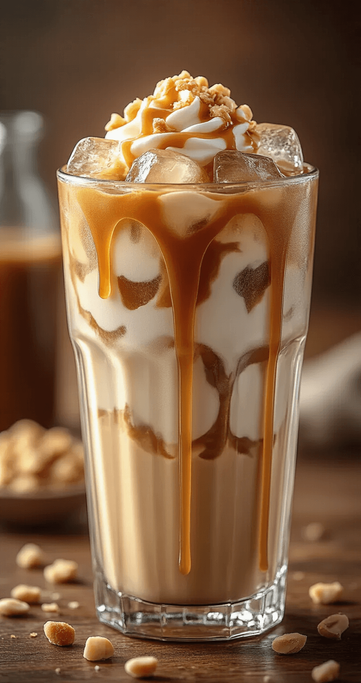 Toffee Nut Iced Coffee: Your Ultimate Refreshing Coffee Companion An overhead shot of a tall glass filled with layered toffee nut iced coffee, featuring glistening ice cubes and creamy milk swirls, elegantly drizzled with caramel, surrounded by scattered chopped nuts, set in a sophisticated café ambiance with warm wooden textures.