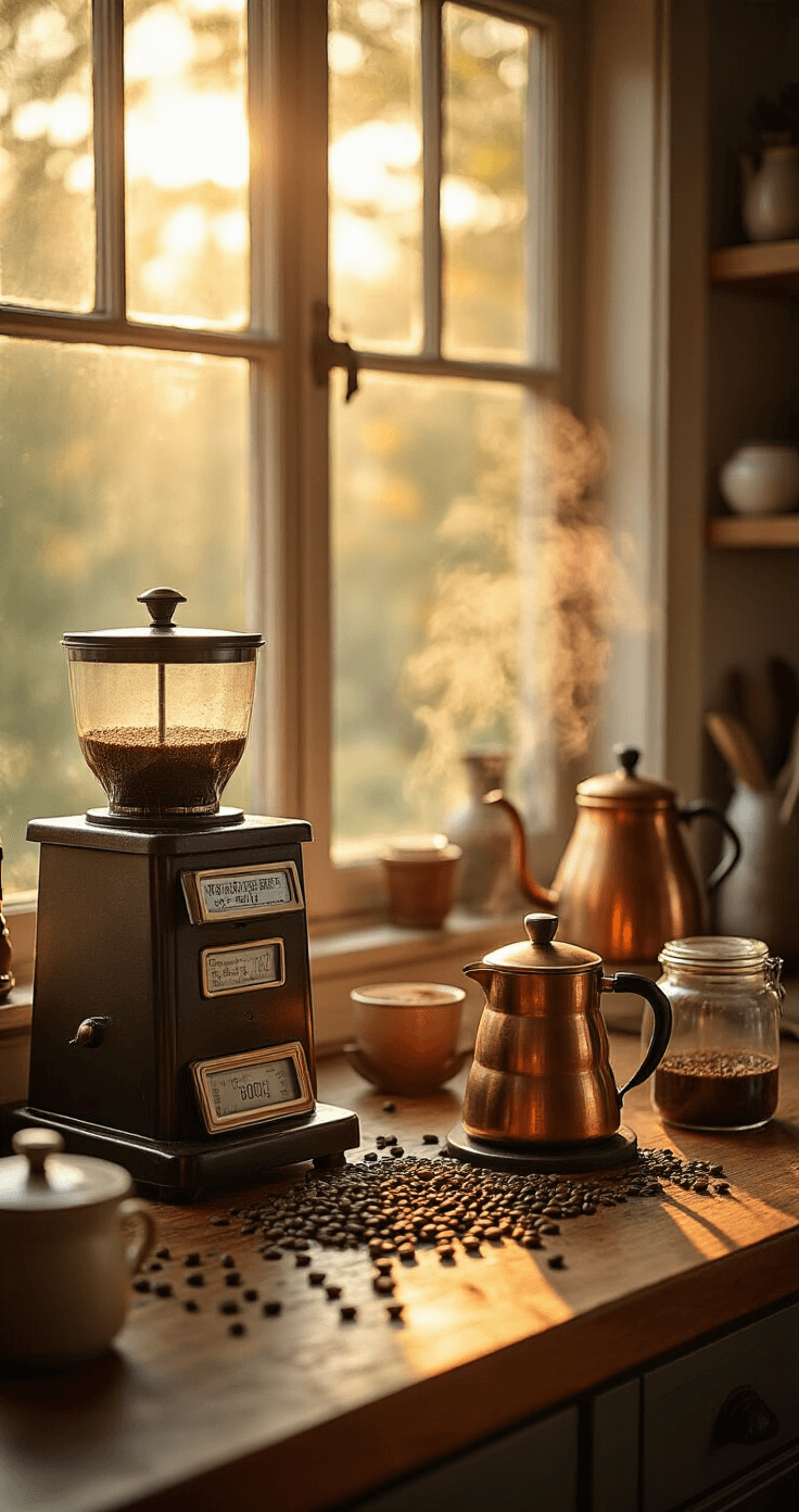 Perfect French Press Coffee: A Foolproof Guide for Rich, Smooth Brewing Cinematic overhead view of a warm-toned artisanal coffee preparation scene, featuring a vintage burr grinder, scattered coarsely ground coffee, a steaming copper kettle, and a gleaming French press, all set on a dark wooden countertop with an intimate, ritualistic ambiance.