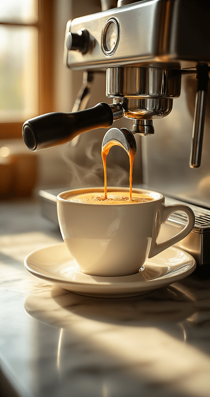 Irish Cream Latte: The Ultimate Comfort Coffee Drink Cinematic close-up of rich espresso streaming into a white ceramic cup, topped with golden crema, warm amber lighting highlighting a marble countertop, steam rising, and a gleaming espresso machine in a cozy kitchen with morning sunlight.