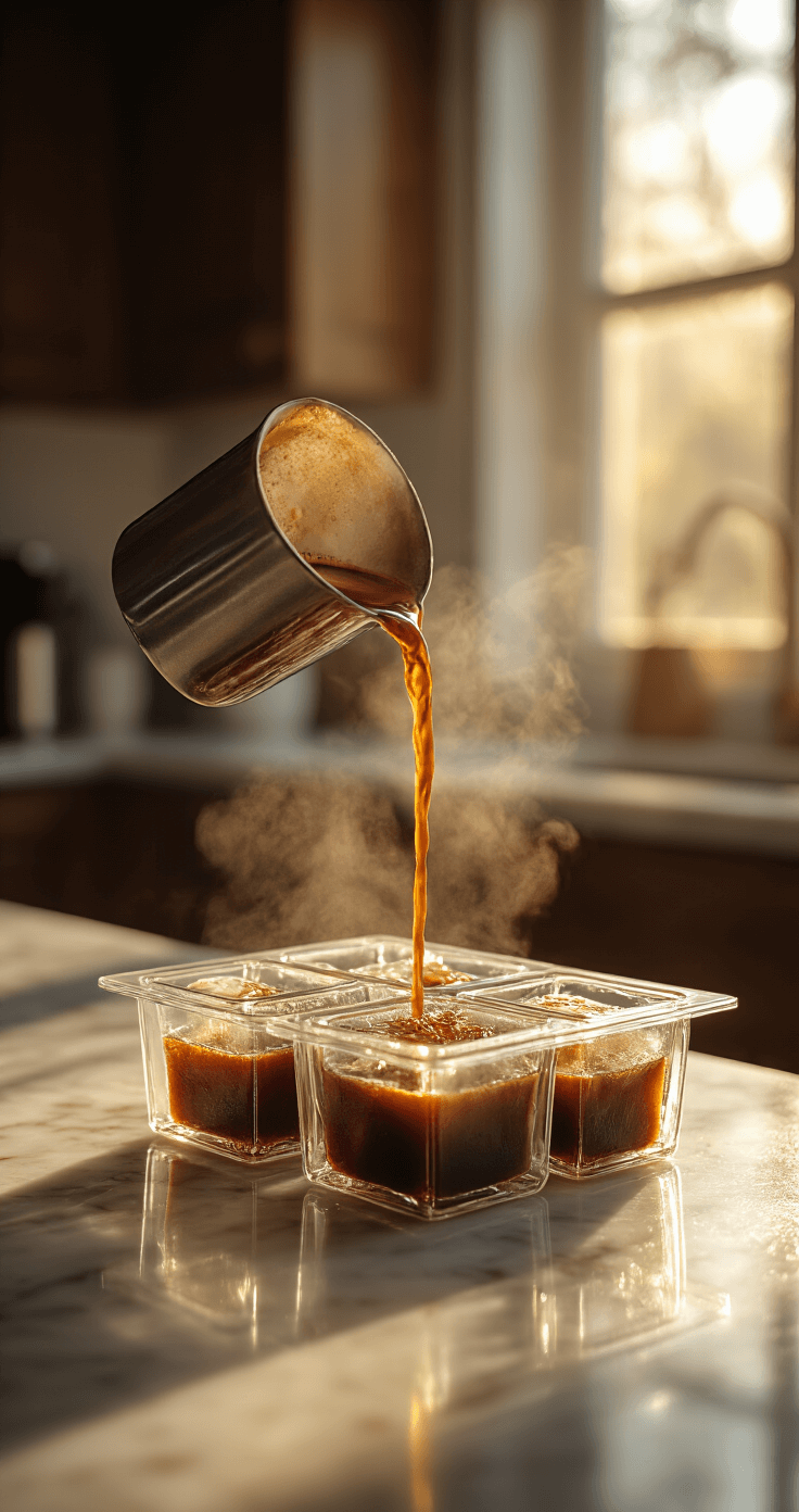 Mocha Frappe: The Ultimate Homemade Frozen Coffee Delight Cinematic close-up of dark espresso being poured into ice cube trays on a marble countertop, with golden morning light illuminating the scene, steam rising from the coffee, and crystalline ice visible in a modern kitchen setting.