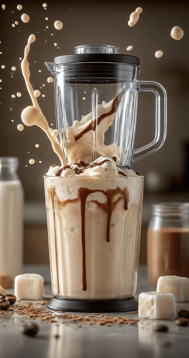 Mocha Frappe: The Ultimate Homemade Frozen Coffee Delight Dynamic action shot of a high-powered blender in motion, blending frozen coffee cubes and creamy milk with chocolate syrup, capturing frothy textures and ice crystals in a modern kitchen setting.