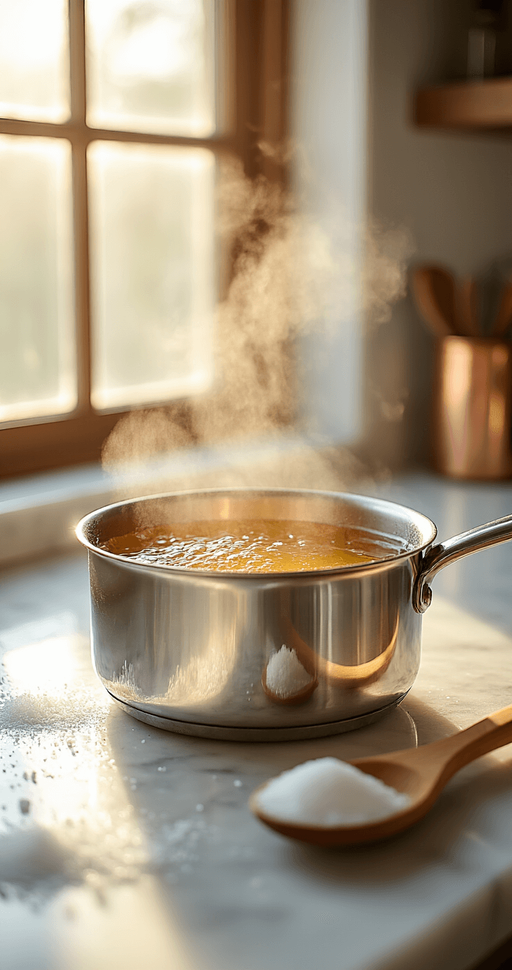 Cold Brew Lemonade: The Ultimate Refreshing Summer Drink Cinematic close-up of bubbling simple syrup in a stainless steel saucepan, golden liquid reflecting warm light, steam rising, wooden spoon resting, marble countertop with sugar granules, soft morning sunlight creating bokeh, artisanal kitchen with copper accents.