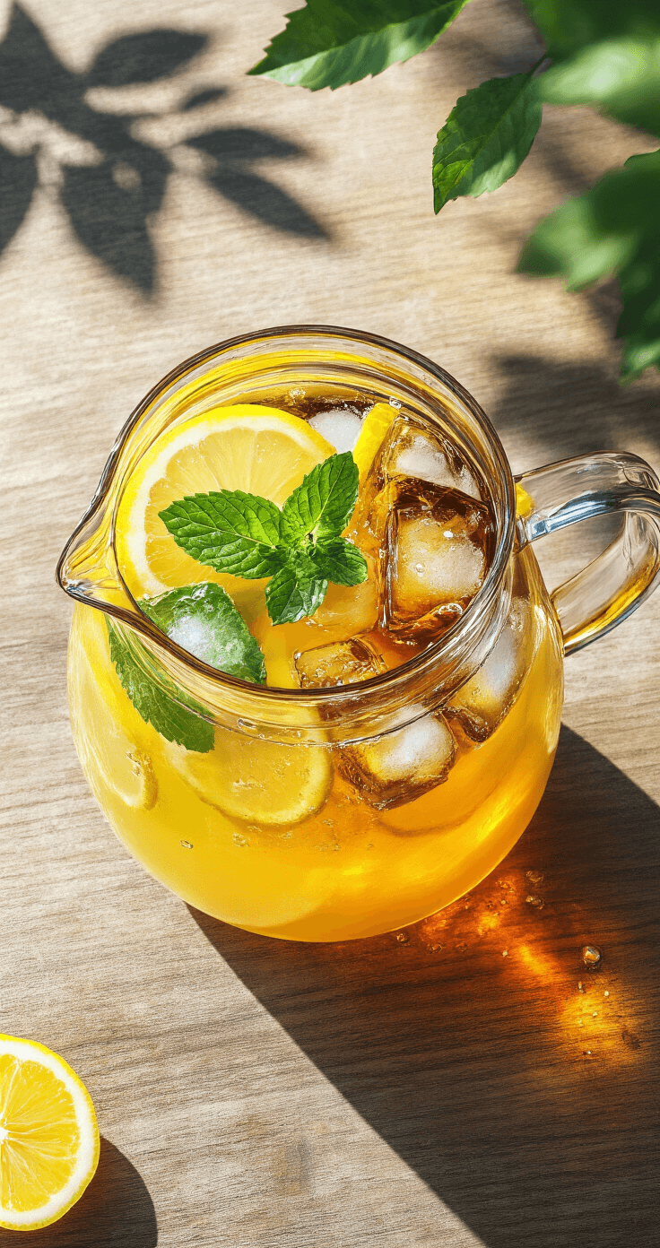Cold Brew Lemonade: The Ultimate Refreshing Summer Drink Overhead view of a tall glass pitcher blending amber cold brew and bright yellow lemonade, with ice cubes and fresh lemon slices, garnished with mint, on a rustic wooden table with sunlight filtering through leaves.