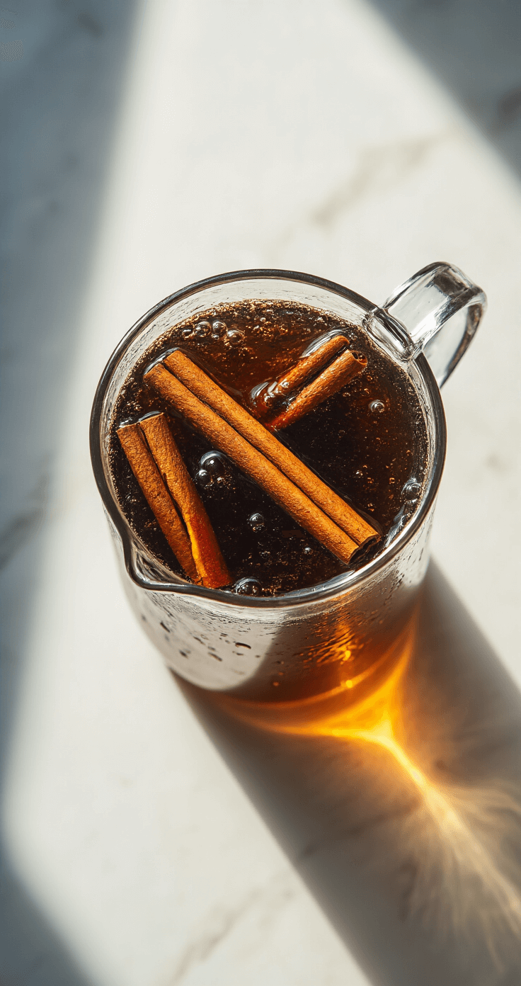 Maple Cinnamon Cold Brew: Your Ultimate Coffeehouse-Quality Drink at Home Cinematic overhead view of a cold brew pitcher with dark coffee grounds and water, floating cinnamon sticks, soft refrigerator lighting, and condensation on glass in a modern kitchen.