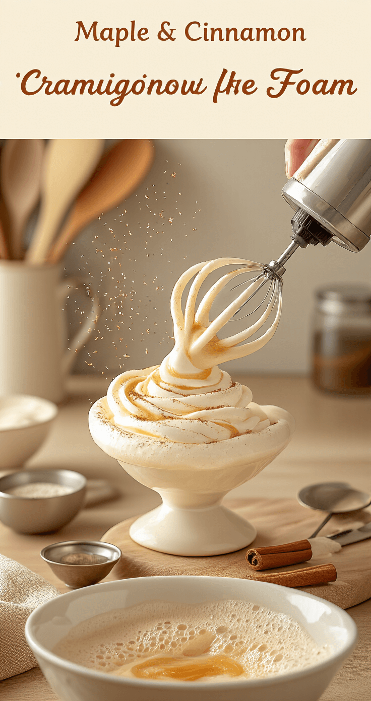 Maple Cinnamon Cold Brew: Your Ultimate Coffeehouse-Quality Drink at Home Close-up of creamy maple cinnamon foam with golden syrup ribbons in ivory milk, illuminated by warm kitchen lighting; an electric frother whips the foam to luxurious peaks as cinnamon dust particles float in the air, set in an artisanal coffeehouse atmosphere with ceramic bowls and measuring spoons.
