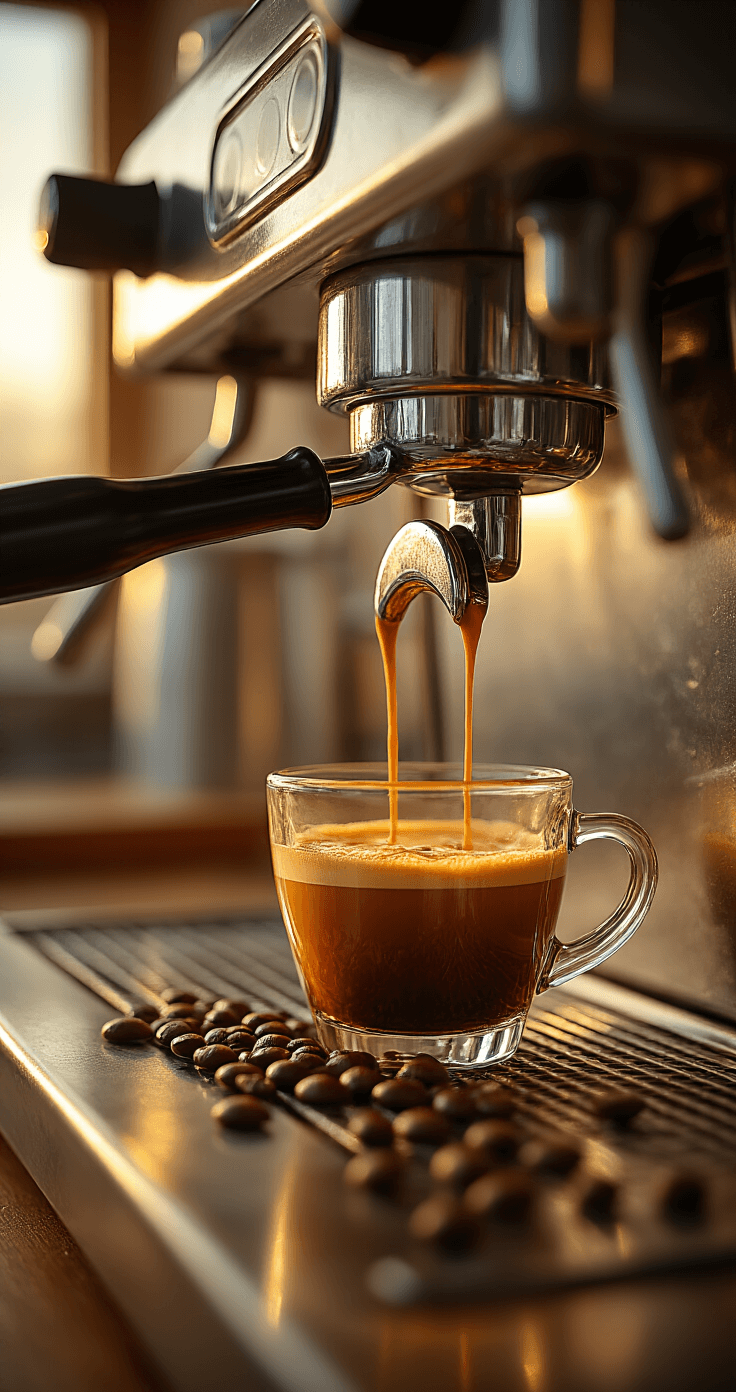 Espresso Tonic: The Ultimate Refreshing Coffee Mocktail Cinematic close-up of golden espresso pouring from a chrome machine into a glass cup, highlighted by warm amber lighting and rich crema, with steam rising in a polished kitchen setting, coffee beans scattered nearby.