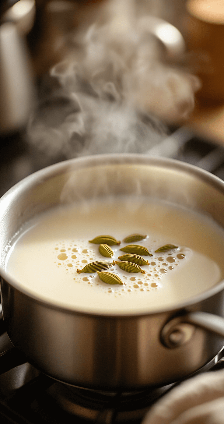 Cardamom Latte: Your Ultimate Cozy Spiced Coffee Experience Cinematic close-up of a stainless steel saucepan on a stovetop, featuring creamy white milk gently steaming with cardamom pods, warm golden lighting, and cozy morning ambiance with blurred coffee equipment in the background.
