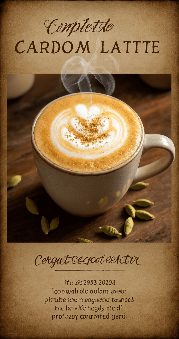 Cardamom Latte: Your Ultimate Cozy Spiced Coffee Experience Elegant overhead shot of a cardamom latte in a ceramic mug, featuring rich espresso and velvety frothed milk with latte art, dusted with ground cardamom, set on a rustic wooden table with scattered cardamom pods and warm amber lighting highlighting its luxurious texture.