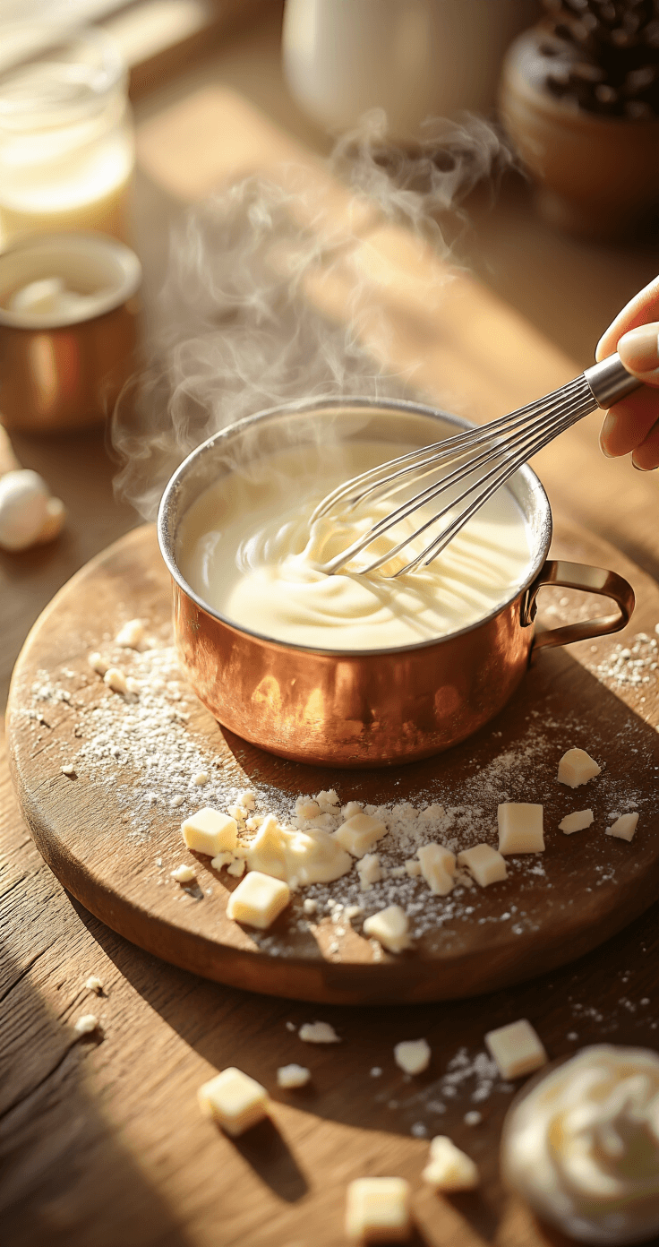 Peppermint White Mocha: The Ultimate Festive Coffee Treat Cinematic overhead shot of a rustic kitchen counter illuminated by warm morning light, featuring a copper saucepan melting white chocolate into steaming milk, with white chocolate chunks, a vintage whisk, and swirling cream, creating a cozy holiday ambiance.