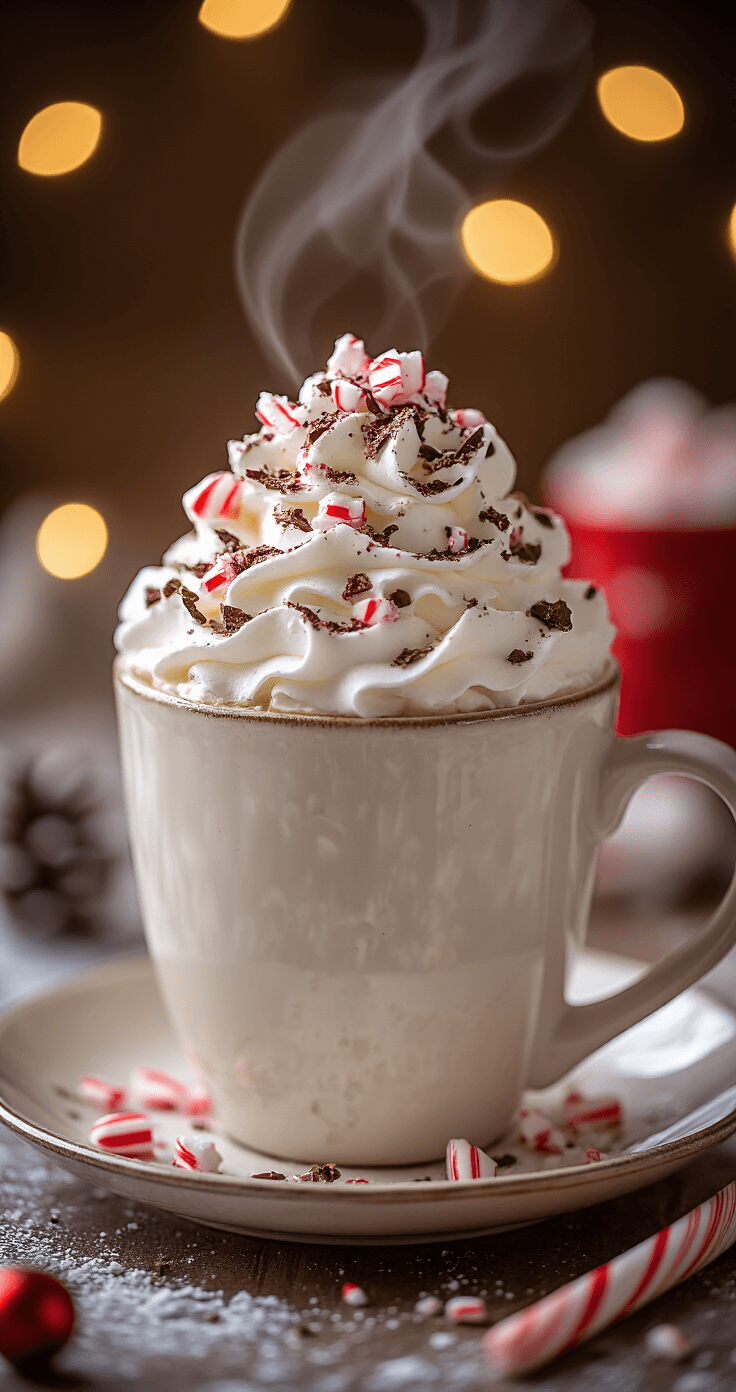 Peppermint White Mocha: The Ultimate Festive Coffee Treat Elegant close-up of a peppermint white mocha in a ceramic holiday mug, topped with whipped cream, crushed candy cane, and chocolate shavings, with warm amber lighting and soft bokeh in the background.