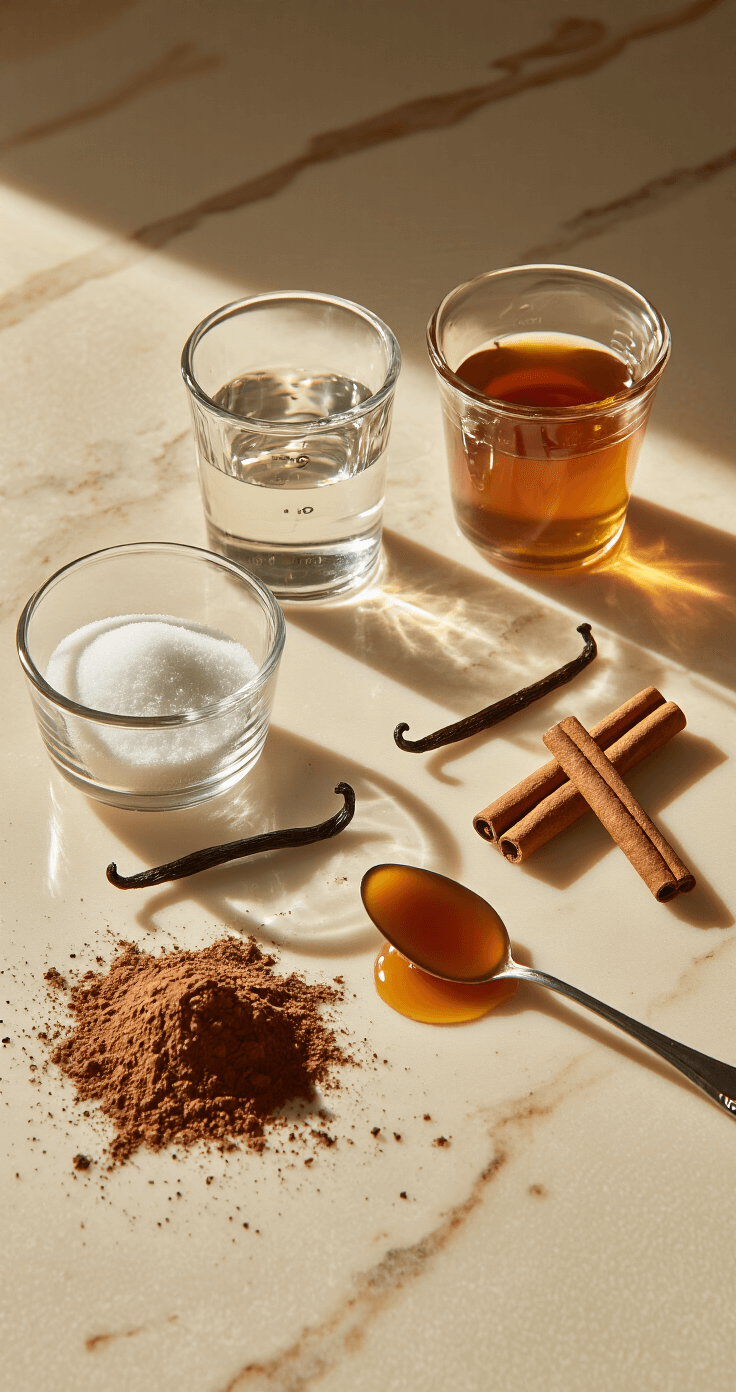 Homemade Coffee Syrup: The Ultimate Guide to Crafting Delicious Liquid Gold Cinematic overhead view of a sunlit kitchen counter with neatly arranged ingredients: white sugar in a glass cup, clear water, split vanilla beans, cinnamon sticks, whole nutmeg, and drizzling caramel sauce, all set on a marbled backdrop dusted with cocoa powder.