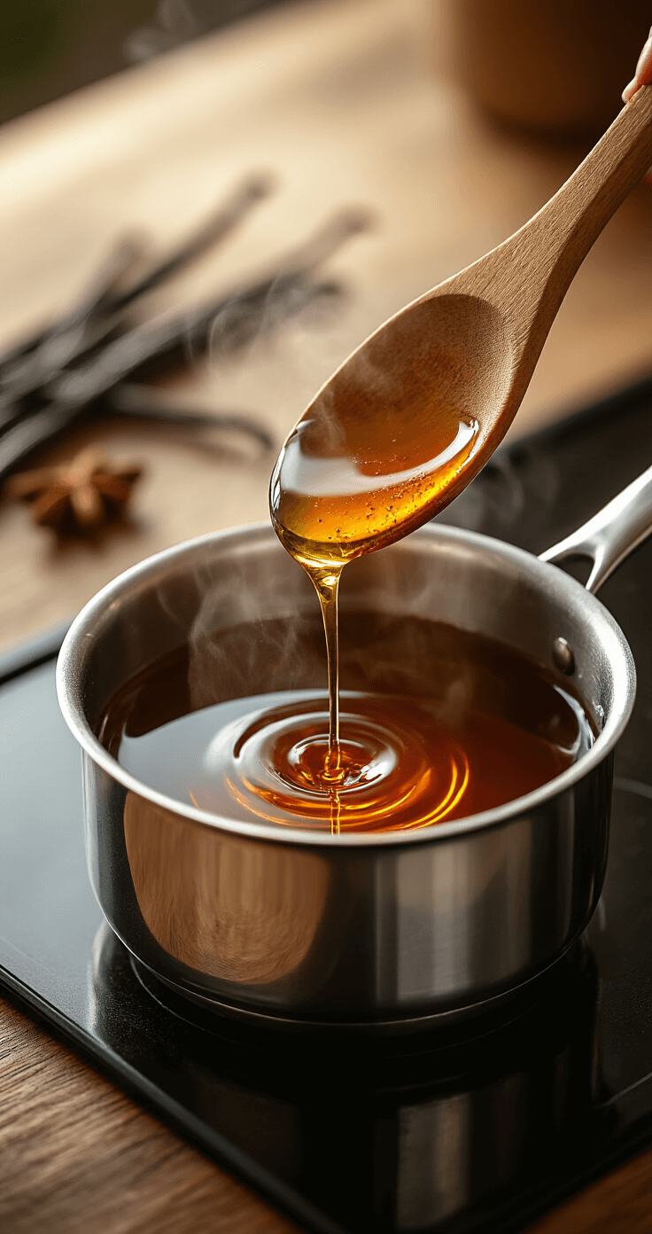 Homemade Coffee Syrup: The Ultimate Guide to Crafting Delicious Liquid Gold Dynamic close-up of a bubbling golden simple syrup in a stainless steel saucepan, with steam rising and a wooden spoon stirring, creating ripples in the amber liquid, amidst a cozy kitchen setting with blurred vanilla beans and spices in the background.