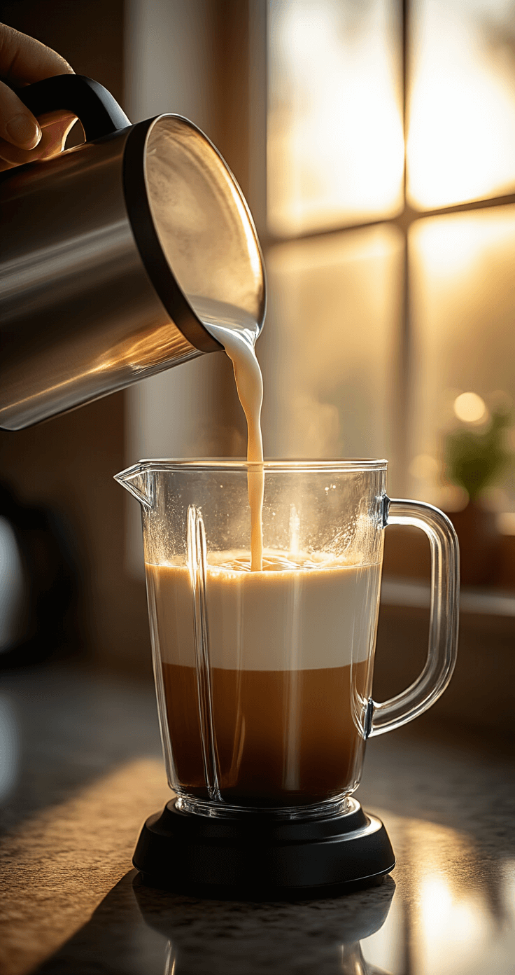 Coffee Banana Smoothie: Your Ultimate Energy Boost in 5 Minutes Cinematic close-up of chilled dark coffee and creamy milk being poured into a sleek high-speed blender pitcher, illuminated by warm morning light, with steam and crystalline droplets adding texture, set against a modern granite countertop.
