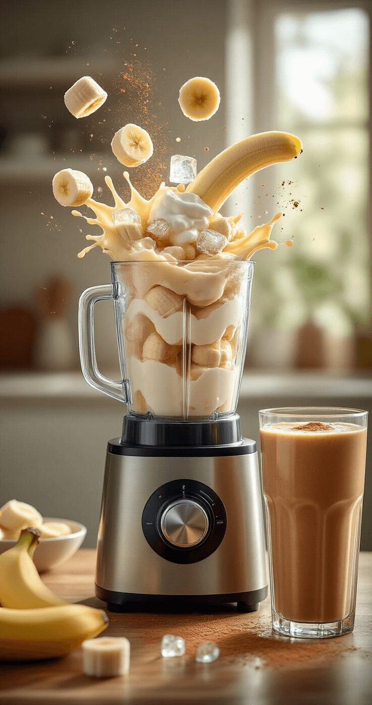 Coffee Banana Smoothie: Your Ultimate Energy Boost in 5 Minutes A dynamic shot of frozen banana pieces, yogurt dollops, and ice cubes blending into a creamy vortex in a glass pitcher, with cinnamon dust particles floating in the softly lit kitchen, alongside a tall glass of rich caramel-brown smoothie, creating a cozy morning ambiance.