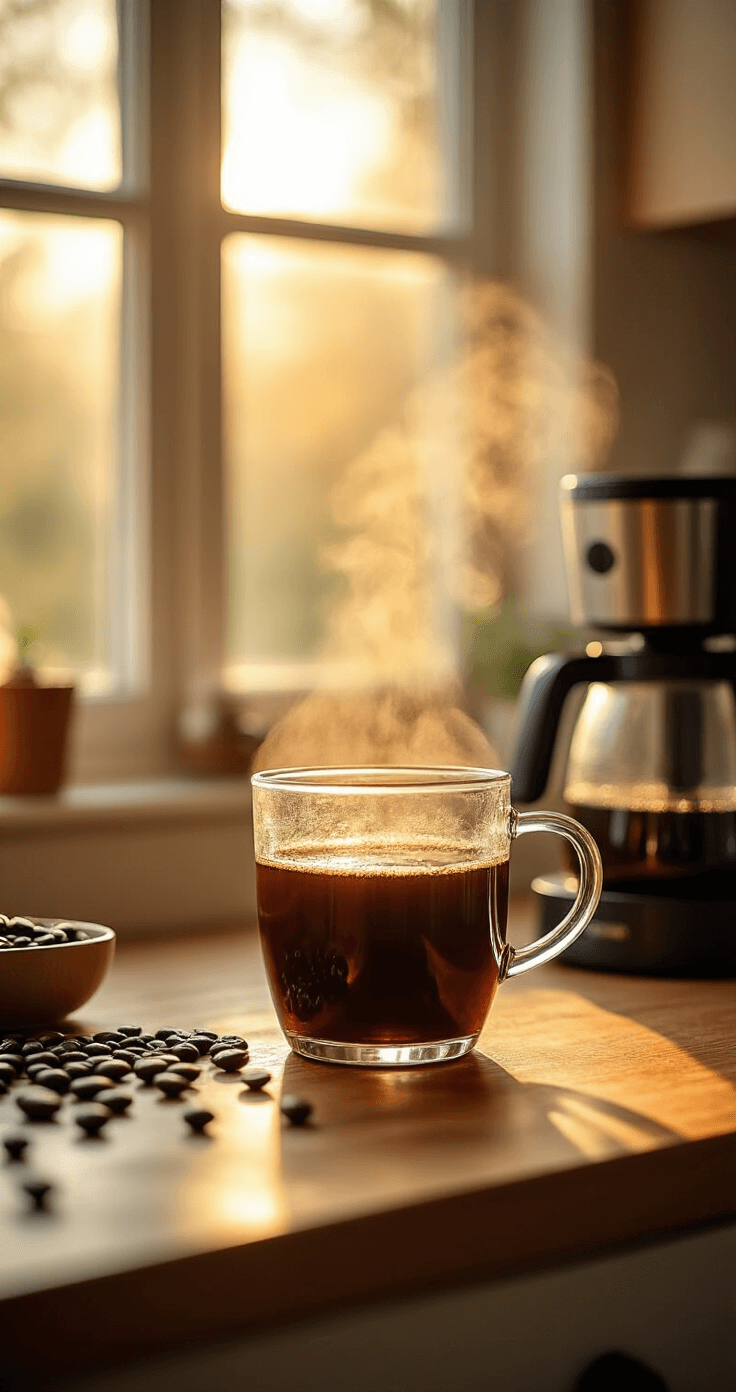 Vanilla Almond Iced Coffee: Your Ultimate Refreshing Summer Drink Cinematic close-up of steaming dark coffee in a glass carafe with warm morning light, rich amber liquid glistening, soft-focus modern coffee maker, and scattered coffee beans on a cozy kitchen counter.