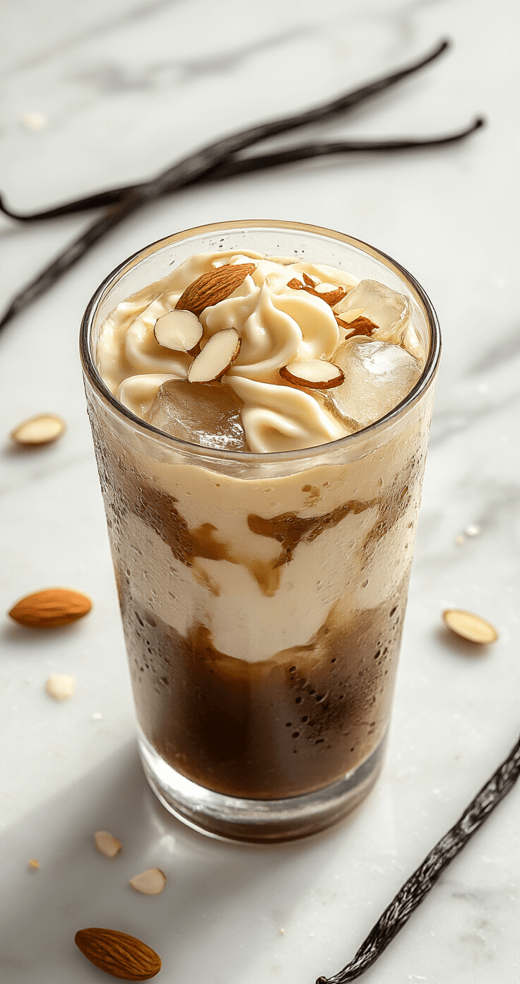 Vanilla Almond Iced Coffee: Your Ultimate Refreshing Summer Drink Artistic overhead view of a tall glass tumbler with ice cubes and layered vanilla almond iced coffee, featuring creamy beige and dark coffee swirls. The glass shows condensation, and is surrounded by toasted almond flakes and vanilla beans on a marble counter, illuminated by soft natural light.