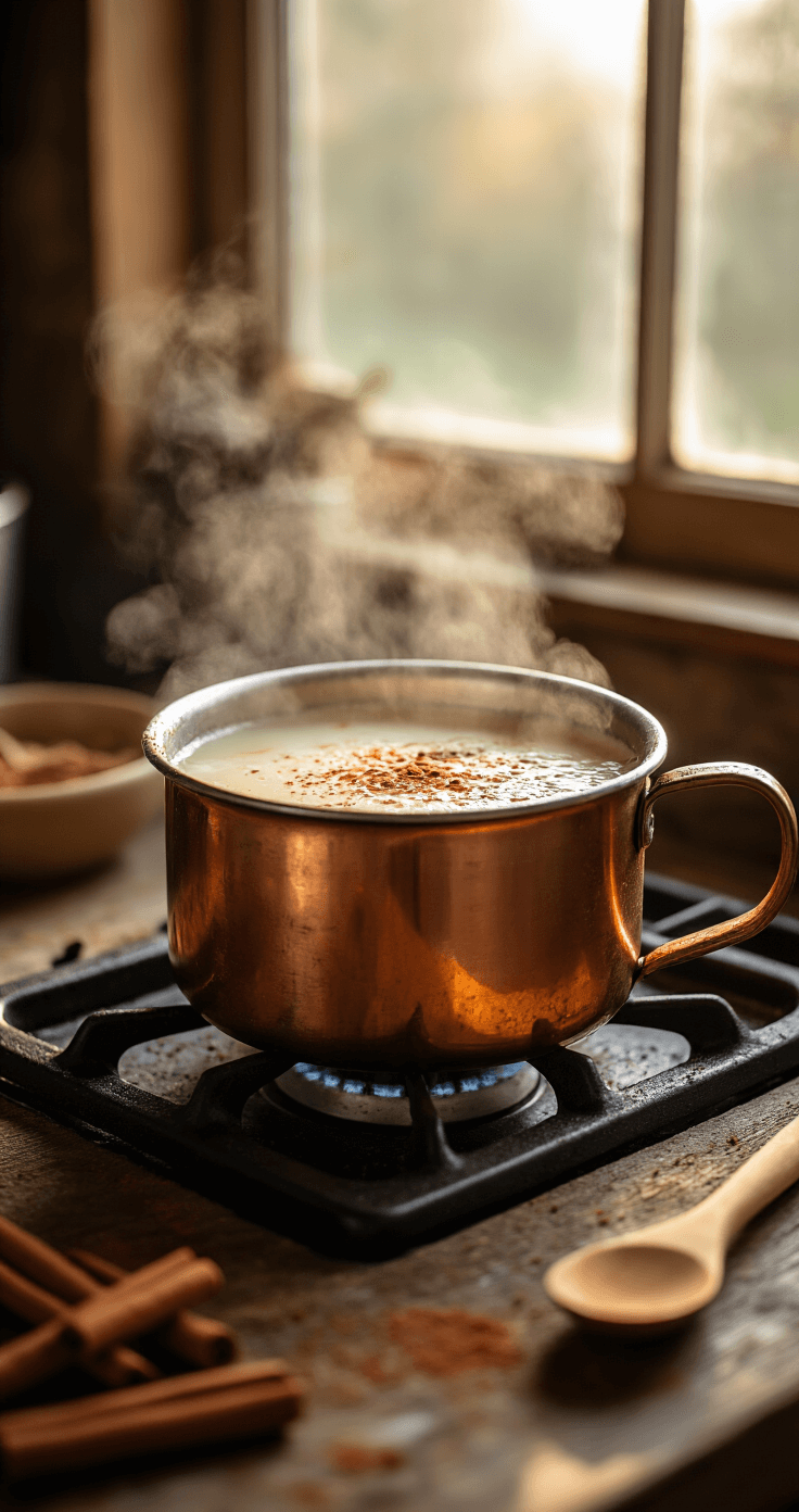 Cinnamon Roll Latte: The Ultimate Comfort Coffee Drink Cinematic close-up of a steaming saucepan of golden milk on a rustic stovetop, with cinnamon particles floating in the aromatic steam, captured in warm morning light, surrounded by a cozy farmhouse ambiance with scattered whole cinnamon sticks and vanilla pods.