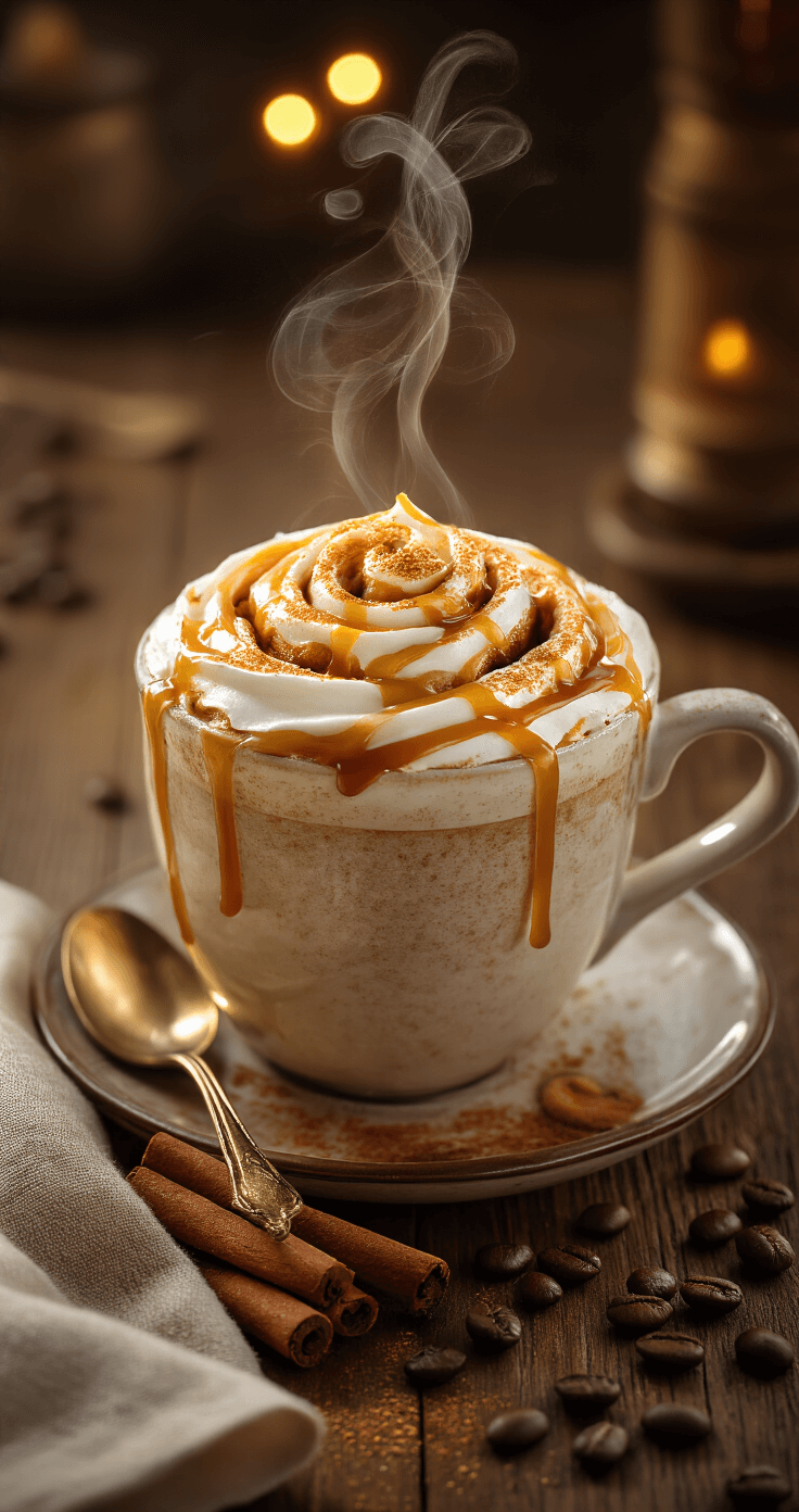Cinnamon Roll Latte: The Ultimate Comfort Coffee Drink Luxurious overhead view of a cinnamon roll latte in an elegant mug, featuring creamy foam art, caramel drizzle, and a cinnamon stick garnish, set on a rustic wooden table with coffee beans and soft lighting.