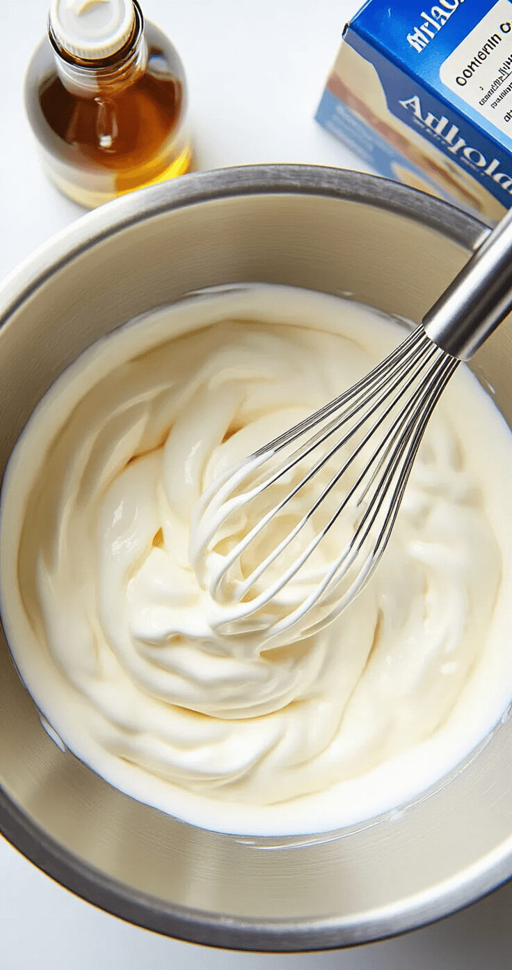 Tiramisu Iced Coffee: A Luxurious Cold Coffee Dessert Overhead view of a stainless steel bowl filled with fluffy mascarpone cream being whisked, with a vanilla syrup bottle and heavy cream carton nearby, bathed in natural morning light on a pristine kitchen counter.