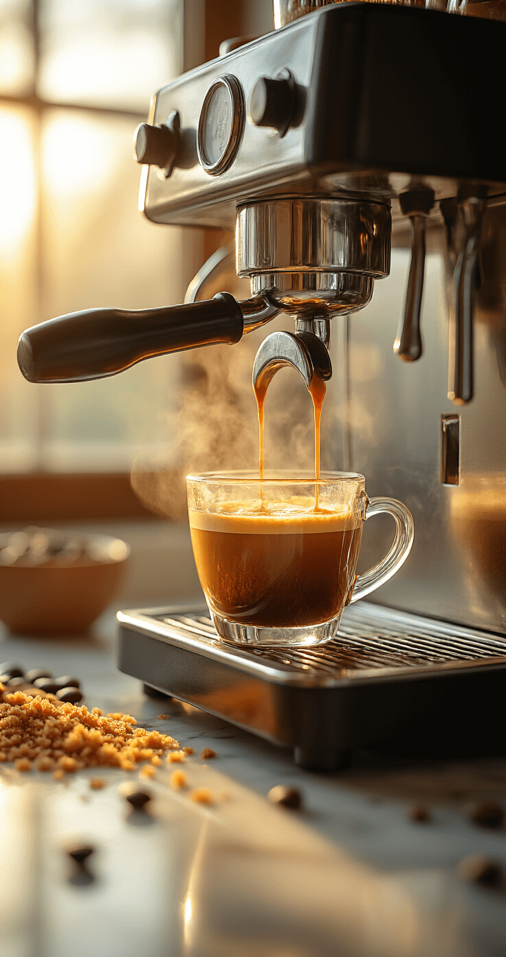 Brown Sugar Shaken Espresso: The Ultimate Coffeehouse-Style Drink at Home Cinematic close-up of espresso shots pouring into a glass cup with steam rising in warm morning light, amber crema glistening, brown sugar crystals on a marble countertop, and coffee beans in softly blurred background.