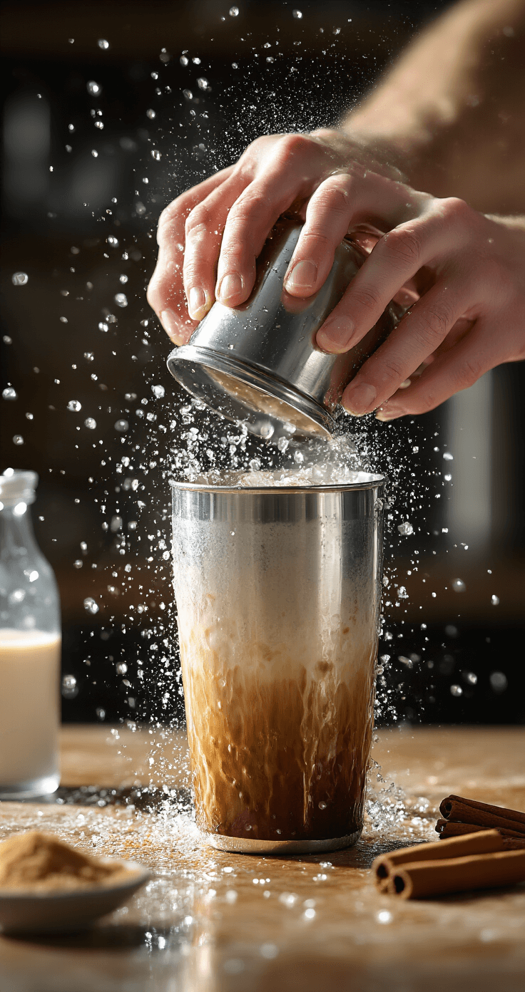 Brown Sugar Shaken Espresso: The Ultimate Coffeehouse-Style Drink at Home Dynamic shot of hands shaking a silver cocktail shaker with visible ice crystals and rich espresso foam inside, set on a kitchen counter illuminated by soft natural light and featuring nearby oat milk and a cinnamon stick.