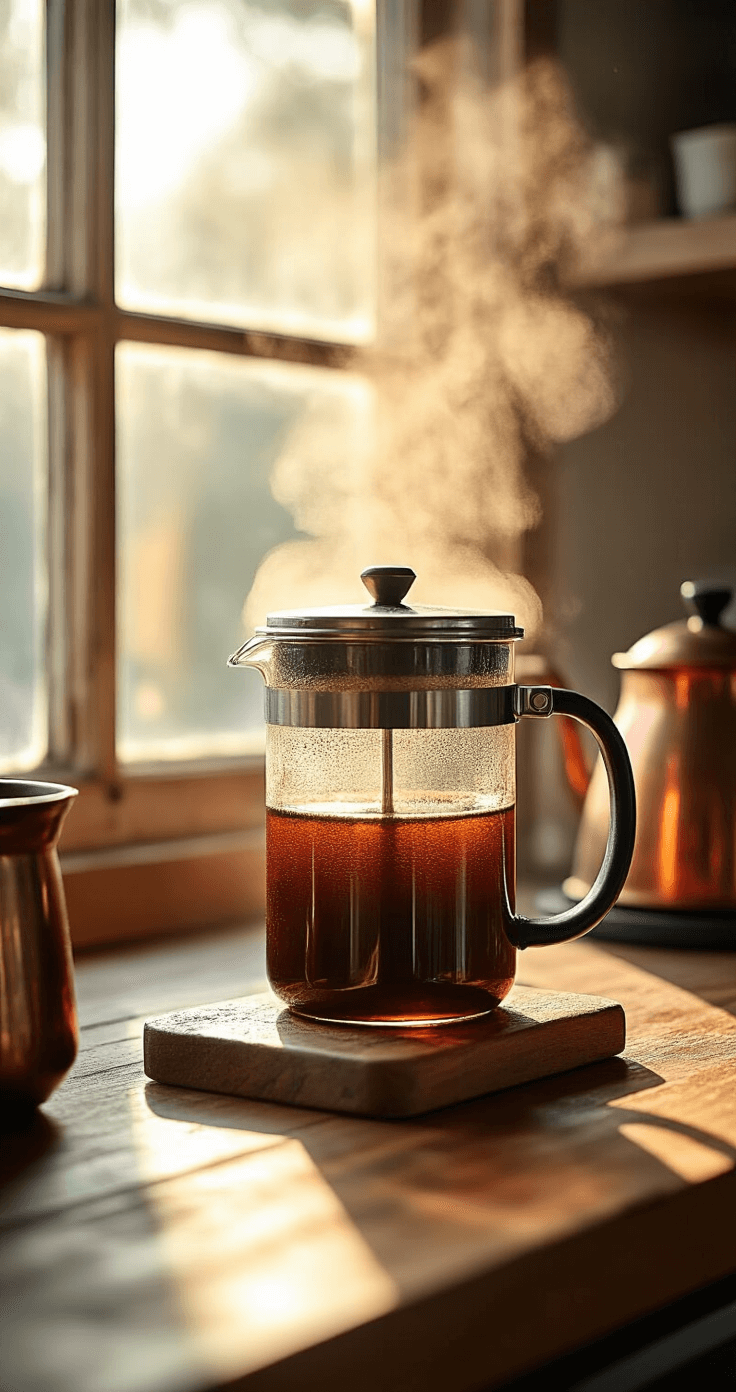 Café au Lait: The Ultimate Guide to Perfect French-Style Coffee Cinematic close-up of dark coffee brewing in a French press with steam rising in warm morning light, showcasing rich amber liquid and a vintage copper kettle in a cozy café atmosphere.