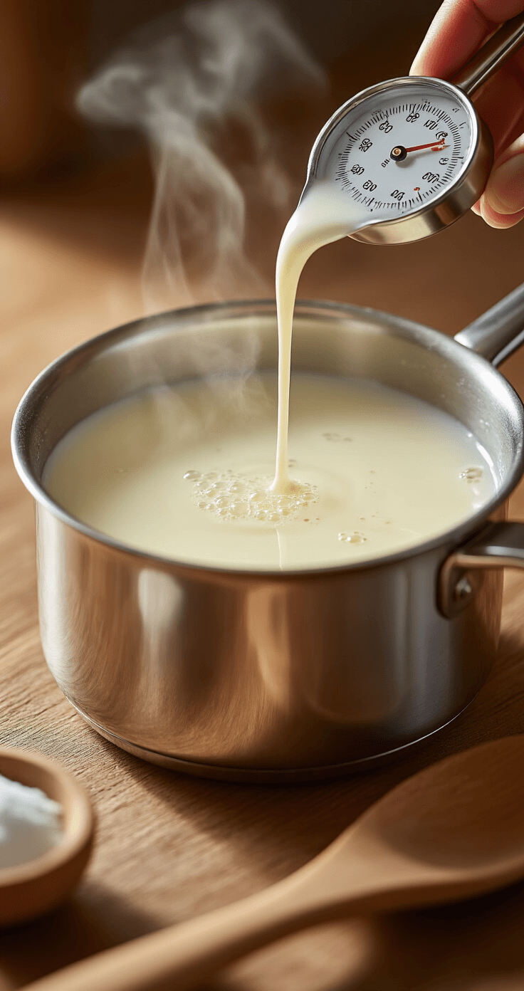 Café au Lait: The Ultimate Guide to Perfect French-Style Coffee Intimate close-up of creamy whole milk being gently heated in a stainless steel saucepan, with a thermometer indicating 60-65°C, delicate steam curling upwards, soft bubbles at the edges, and a warm kitchen ambiance enhanced by natural light, alongside a wooden spoon and subtle ripples on the milk's surface.
