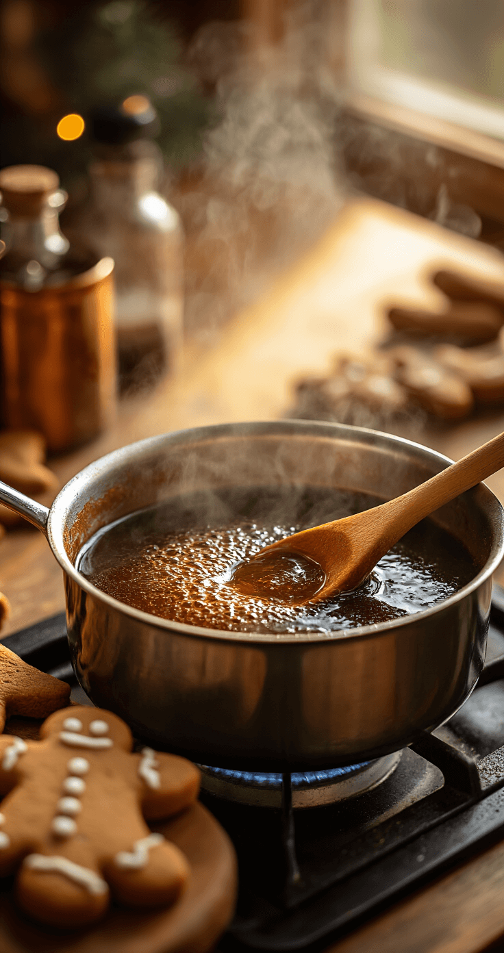 Gingerbread Cold Brew: The Ultimate Holiday Coffee Experience Cinematic close-up of a steaming saucepan on the stovetop containing bubbling dark amber gingerbread syrup, with aromatic steam rising in warm golden kitchen lighting. A wooden spoon stirs the rich molasses-colored mixture, surrounded by scattered gingerbread spices and a vanilla bottle, evoking a cozy holiday kitchen ambiance with warm copper tones.