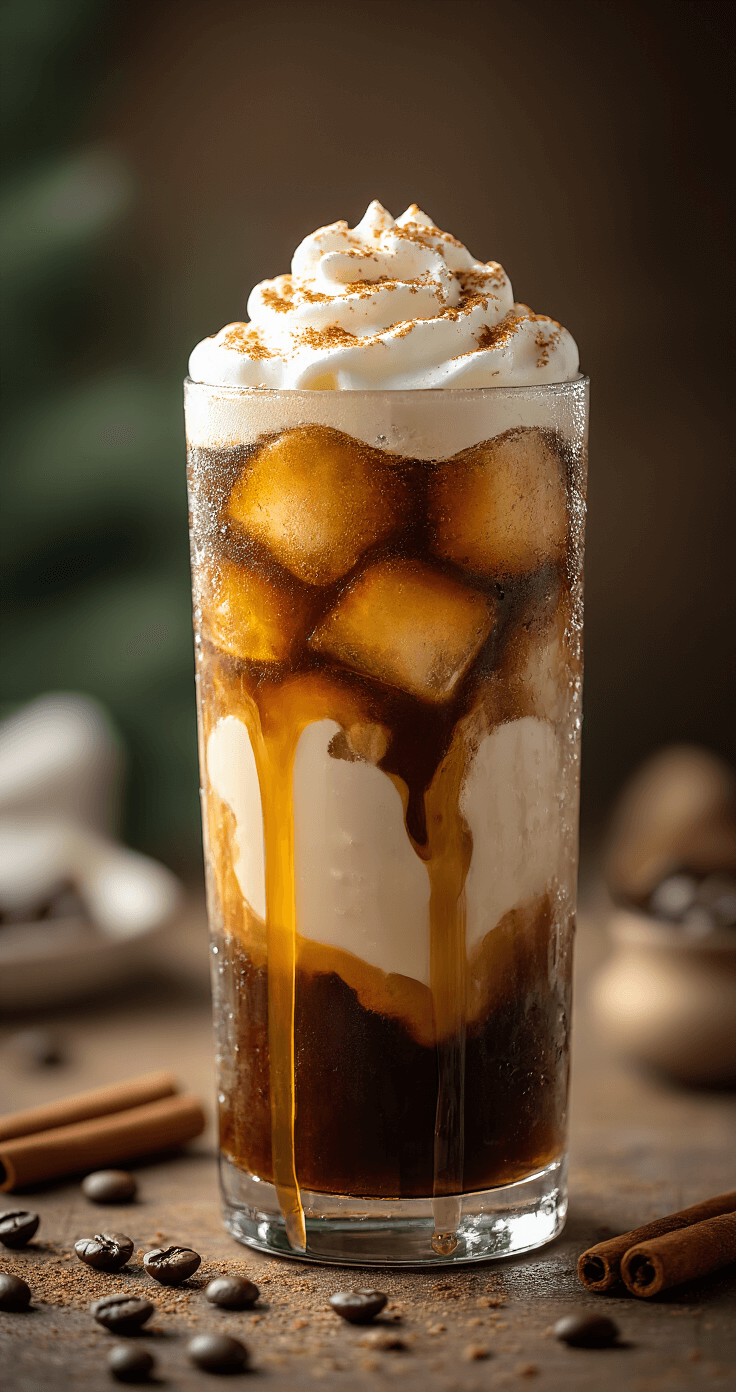 Gingerbread Cold Brew: The Ultimate Holiday Coffee Experience Elegant tall glass of gingerbread cold brew layered with dark coffee, golden syrup, and creamy milk foam, set on a rustic wooden surface with coffee beans and cinnamon sticks, featuring soft natural lighting and condensation droplets.