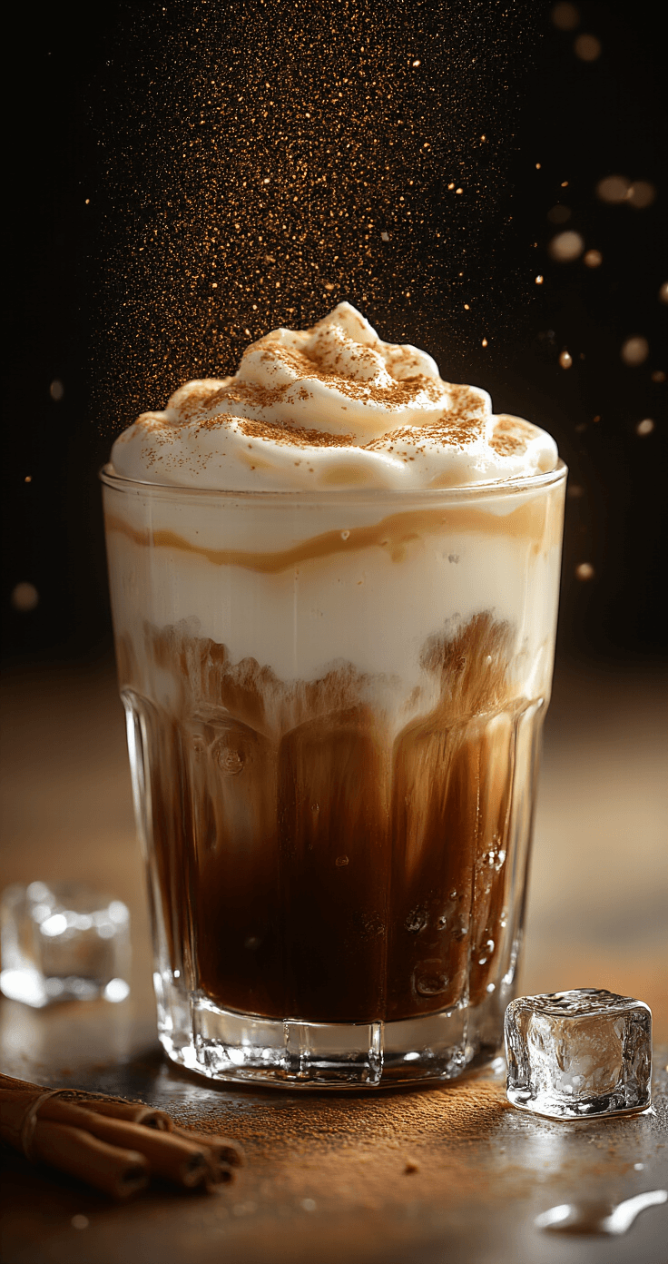 Maple Cream Cold Brew: The Ultimate Refreshing Coffee Experience Close-up of a layered maple cream cold brew in an elegant glass tumbler, featuring creamy foam, glistening ice cubes, and a cozy café atmosphere with cinnamon dust and condensation on the glass.