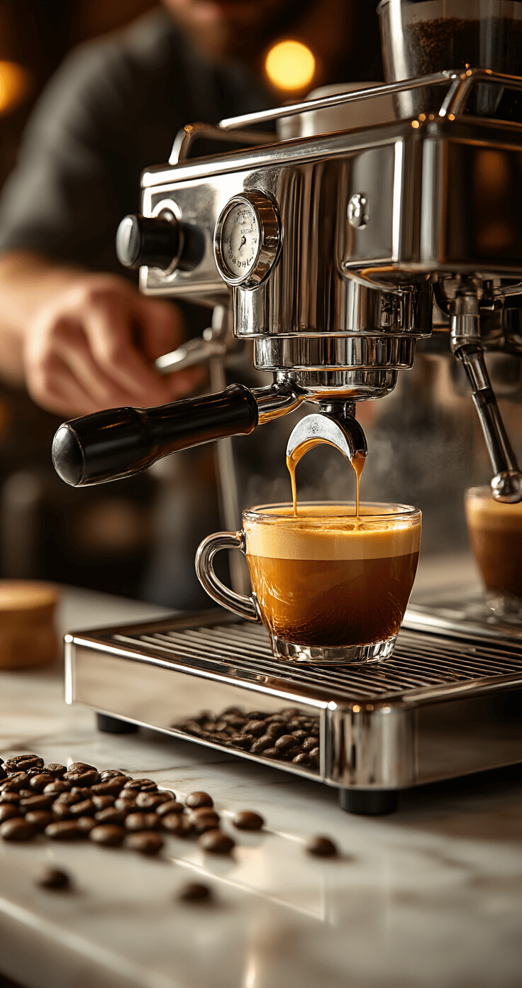 Hazelnut Cappuccino: Your Ultimate Gourmet Coffee Experience Cinematic close-up of dark espresso with golden crema being brewed from a chrome machine, steam rising in warm amber lighting on a marble countertop, with coffee beans and a barista's hands in a luxurious kitchen setting.