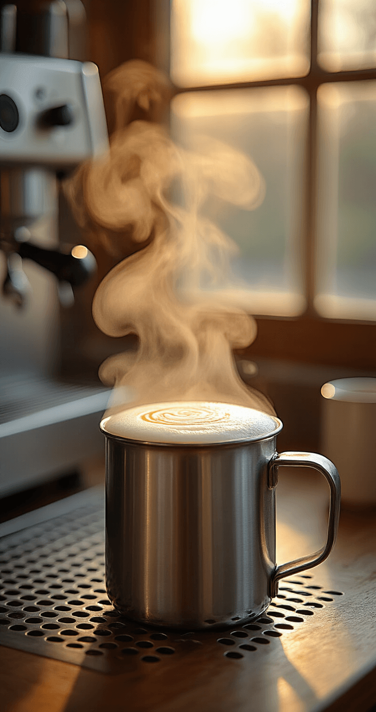 Hazelnut Cappuccino: Your Ultimate Gourmet Coffee Experience Dynamic shot of a stainless steel milk pitcher steaming milk into silky microfoam, with a steam wand creating elegant swirls, illuminated by golden hour light through a kitchen window, showcasing a modern coffee station backdrop.
