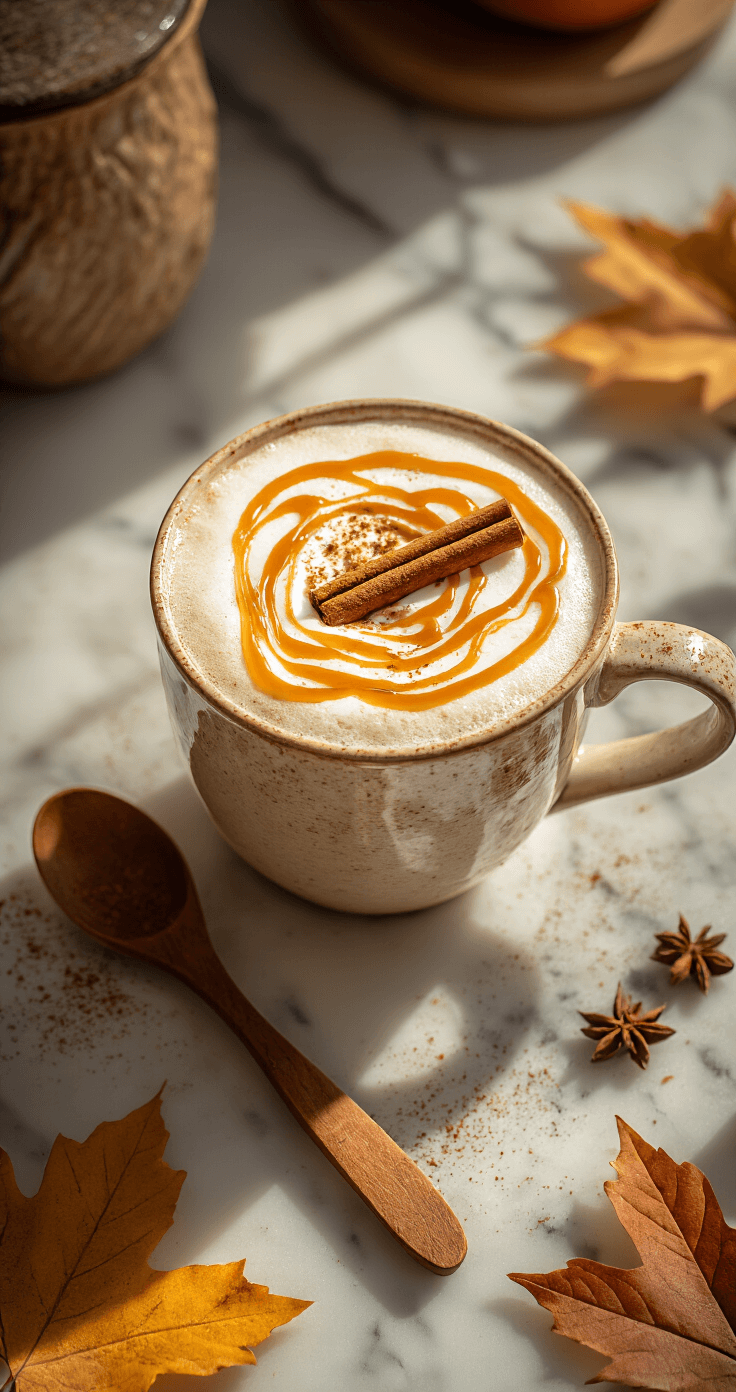 Spiced Apple Coffee: The Ultimate Cozy Autumn Drink Elegant overhead view of spiced apple coffee in a ceramic mug with caramel drizzle on frothy milk, garnished with a cinnamon stick, surrounded by apple pie spices on a marble countertop, illuminated by warm golden hour light with steam rising and styled with a rustic wooden spoon and autumn leaves.
