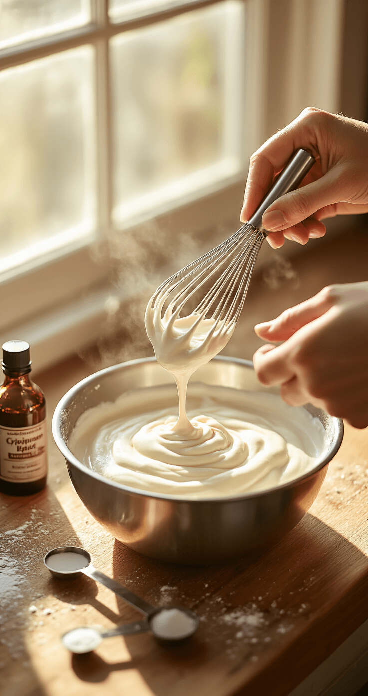 Peppermint Mocha Cold Brew: Your Ultimate Festive Coffee Escape Cinematic close-up of hands whisking glossy cream with chocolate sauce in a stainless steel bowl, illuminated by golden morning light, on a rustic wooden counter with peppermint extract and measuring spoons.